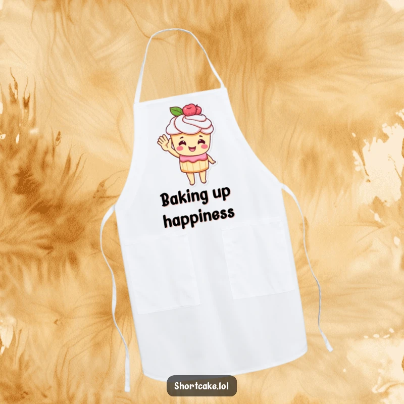 Funny Apron decorated with a shortcake character waving hello with a pastry hand, making cooking and baking more enjoyable.