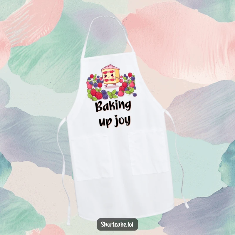 Funny shortcake slice with tiny legs skipping through berries, a delightful and humorous apron for baking and cooking fun.