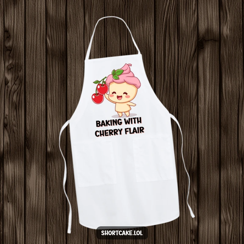 Funny apron featuring a shortcake character happily reaching for a cherry, designed for cooks who love sweet humor.