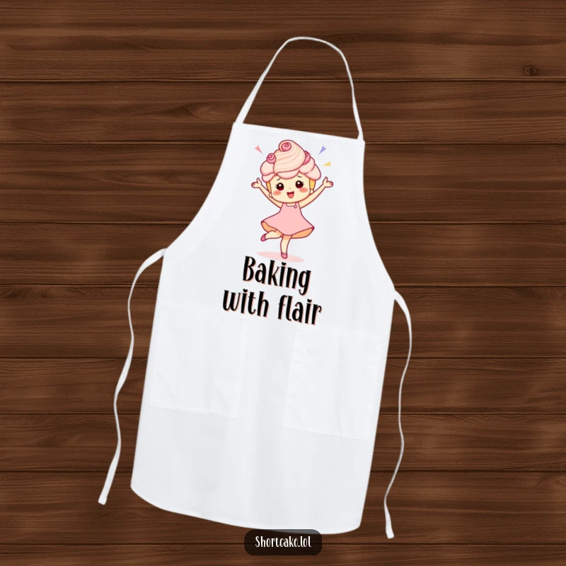 Funny apron showing a shortcake character dancing a celebratory pirouette, ideal for kitchen fun and baking.