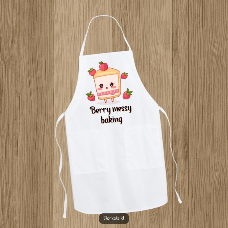 Funny apron featuring a shortcake slice character with a surprised look as a berry descends, perfect for bakers.