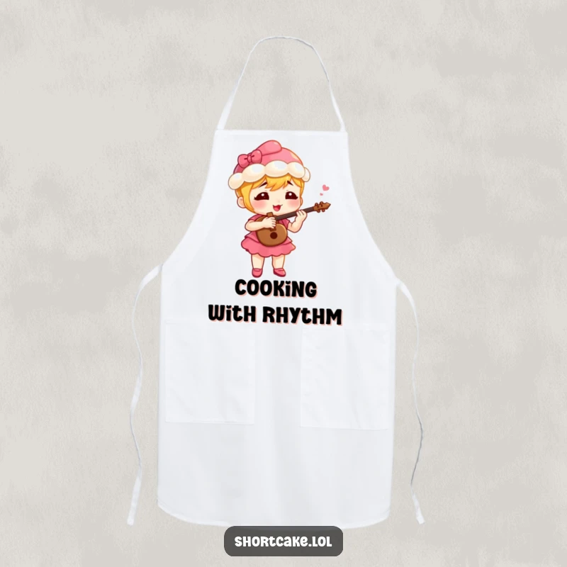 Funny shortcake character playing a tiny fife with gusto, a delightful and humorous apron for musical meal preparations.