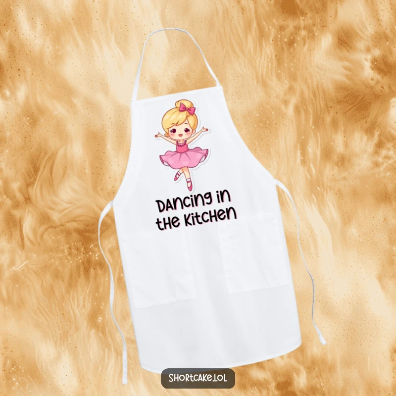 Funny apron with a shortcake character performing a ballet twirl, designed for cooks who appreciate art and humor.