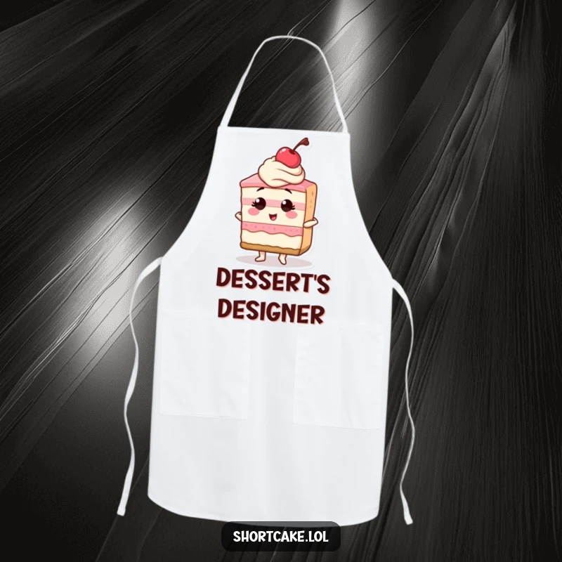 Funny apron graphic of a shortcake slice striking a powerful pose, cherry on top, ready to tackle any recipe with flair.