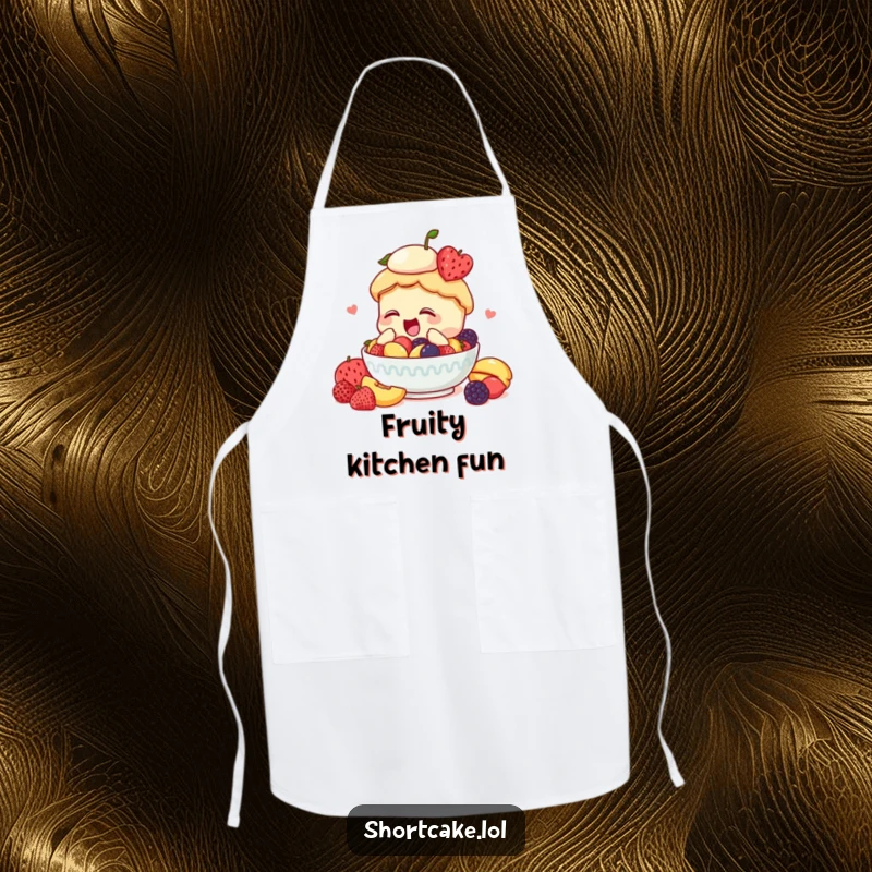 Funny shortcake apron, diving into fruit, enthusiastic dive, kitchen fun, humorous cooking accessory.