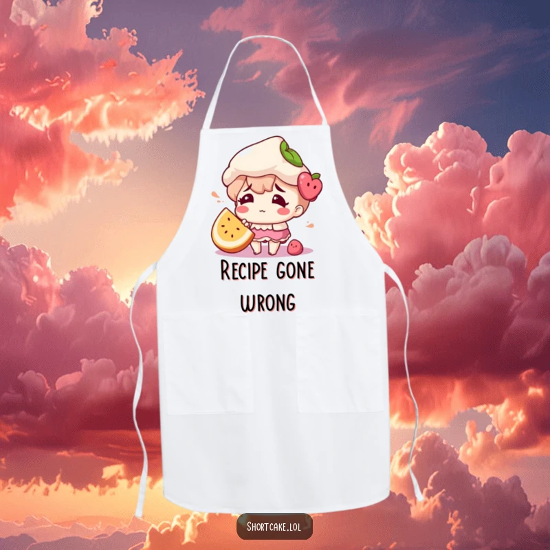 Funny apron depicting a shortcake character looking confused with a misplaced fruit slice, ideal for baking.