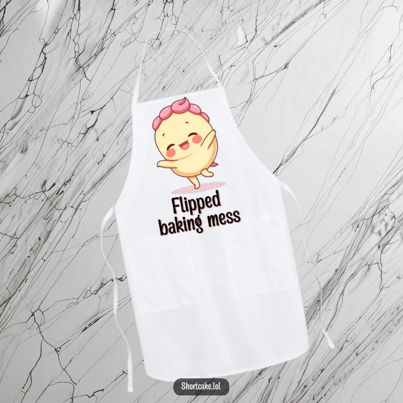 Funny apron showing a giggling shortcake character doing a cartwheel, layers askew, for a fun cooking experience.