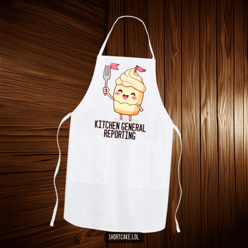 Funny apron showing a jubilant shortcake character waving a miniature fork flag, perfect for enthusiastic cooking.