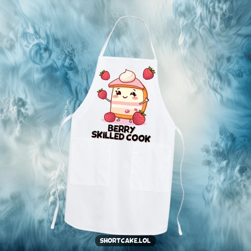 Funny shortcake apron featuring a smiling slice juggling three small berries, adding humorous flair to baking.