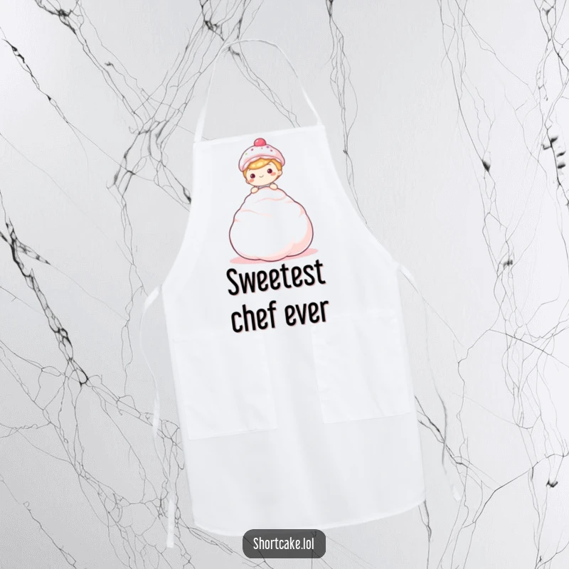 Funny shortcake apron, sitting on meringue, happy, kitchen humor, sweet cooking accessory.