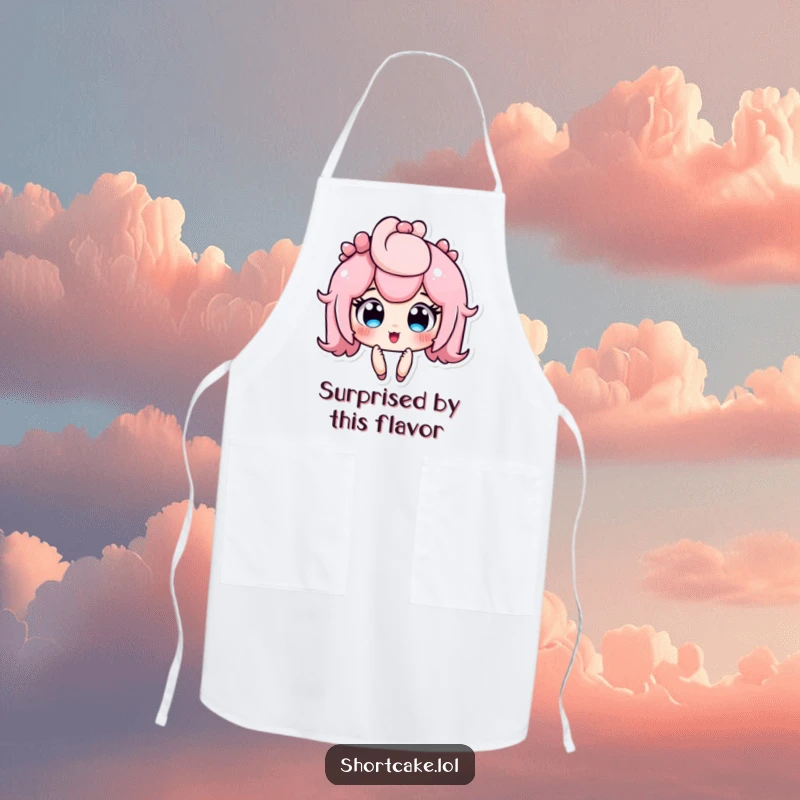 Funny shortcake apron, cute dessert character looking surprised with wide, jammy eyes, kitchen wear, practical funny gift.