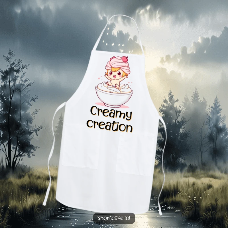 Funny apron with a playful shortcake character mid-jump, heading towards a tempting bowl of whipped cream.
