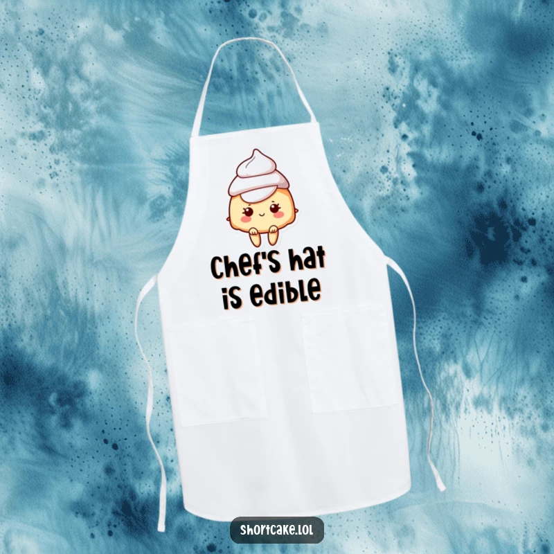 Funny apron featuring a shortcake character with a dollop of cream as a hat, perfect for cooks who love humor.