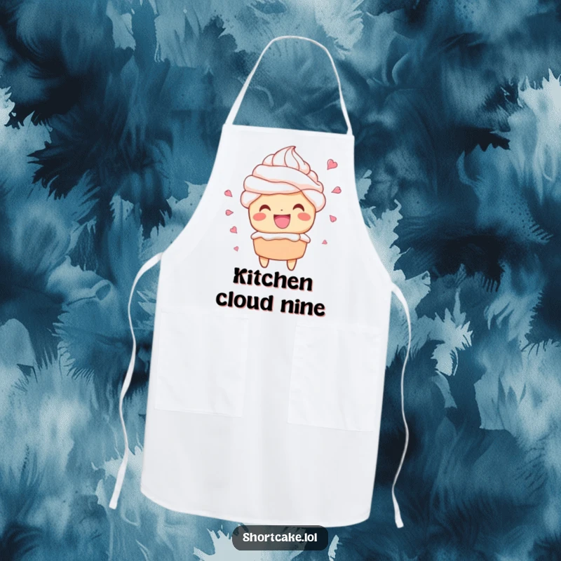 Funny apron depicting a shortcake character with a huge grin and whipped cream flying, perfect for baking fun.
