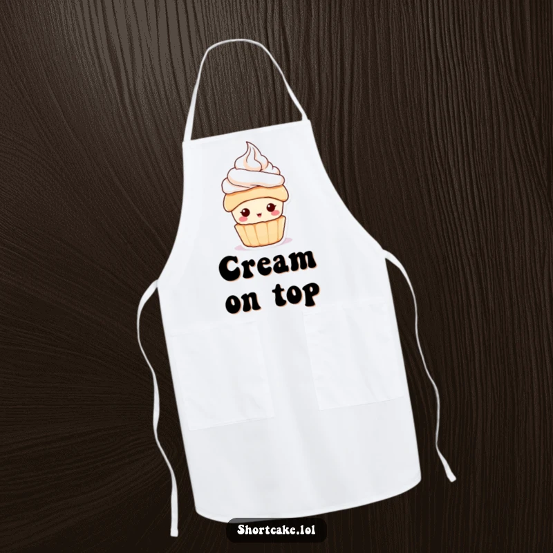 Funny Shortcake Hat Apron with a cute dessert character sporting a tiny whipped cream hat, perfect for a funny kitchen gift.
