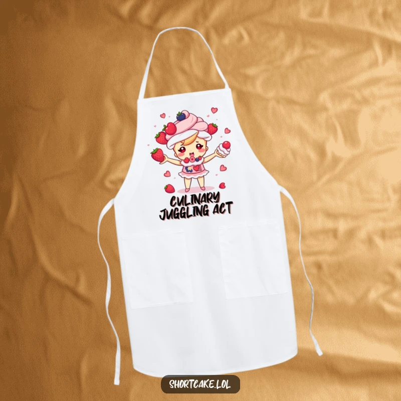 Funny shortcake character juggling berries and cream puffs, cute kitchen accessory, durable and washable apron, a funny gift.