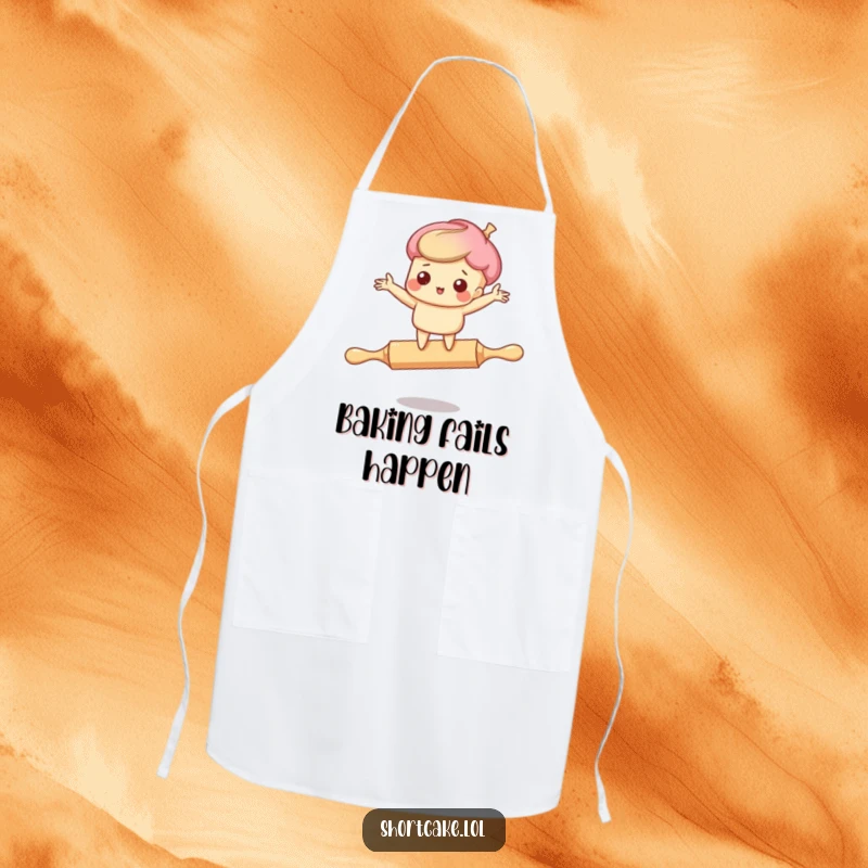 Funny kitchen apron: A delightful shortcake character comically unbalanced on a rolling pin, ready for culinary chaos.