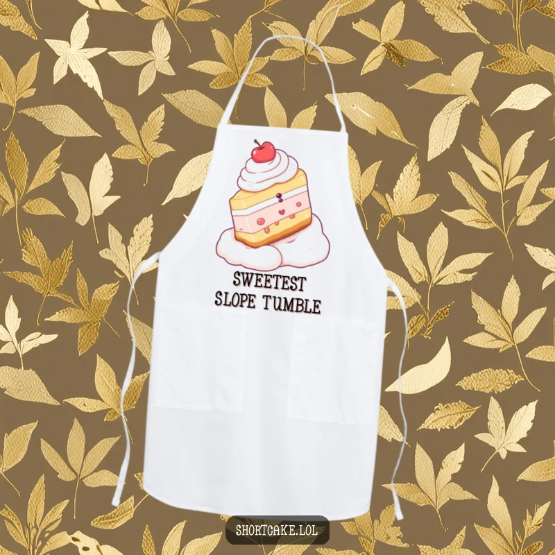 Funny apron illustrating a shortcake slice gleefully descending a whipped cream slope, making kitchen tasks hilariously fun.