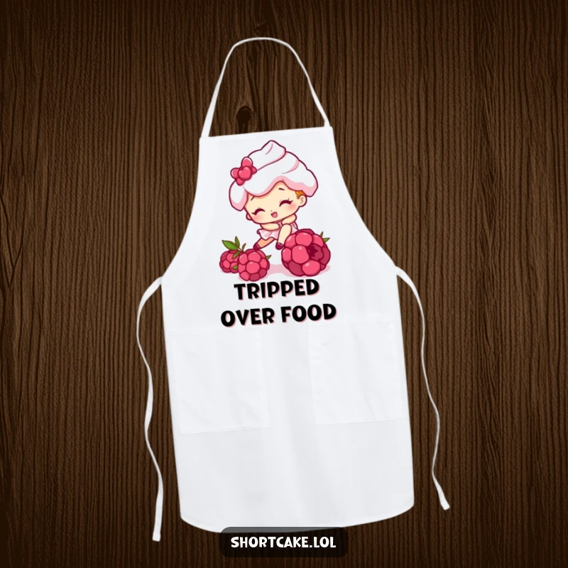 Funny apron featuring a shortcake character comically tripping over a raspberry, perfect for kitchen activities with a humorous, clumsy theme.