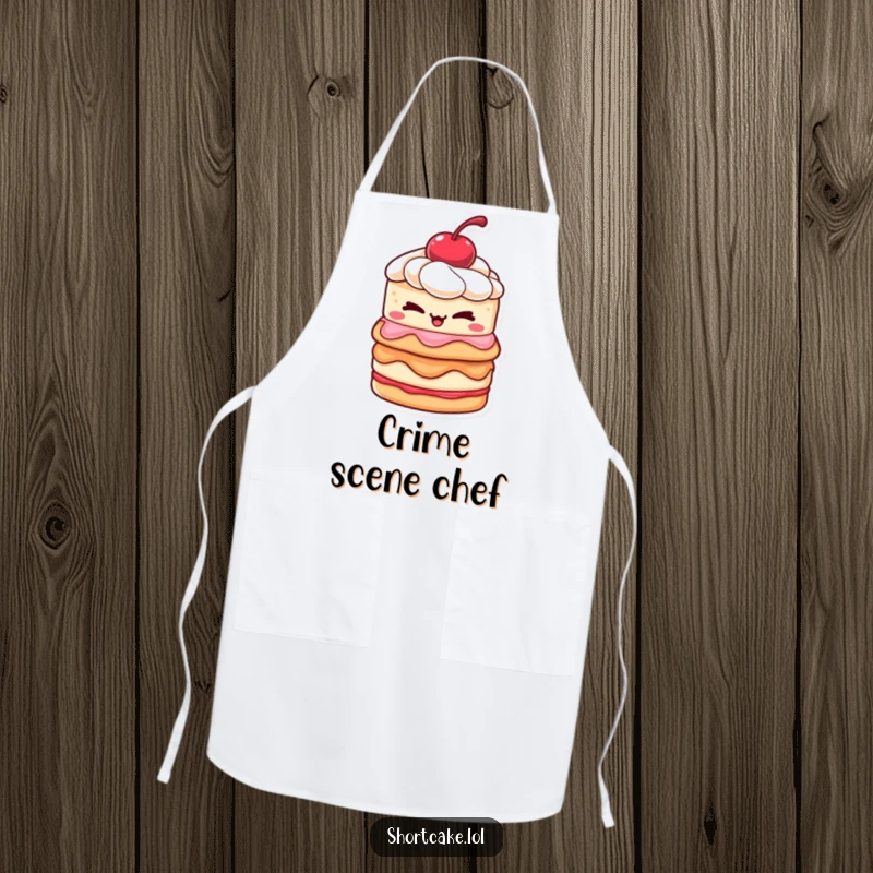 Funny shortcake apron featuring a layered dessert with a cherry winking slyly, adding humorous flair to baking.