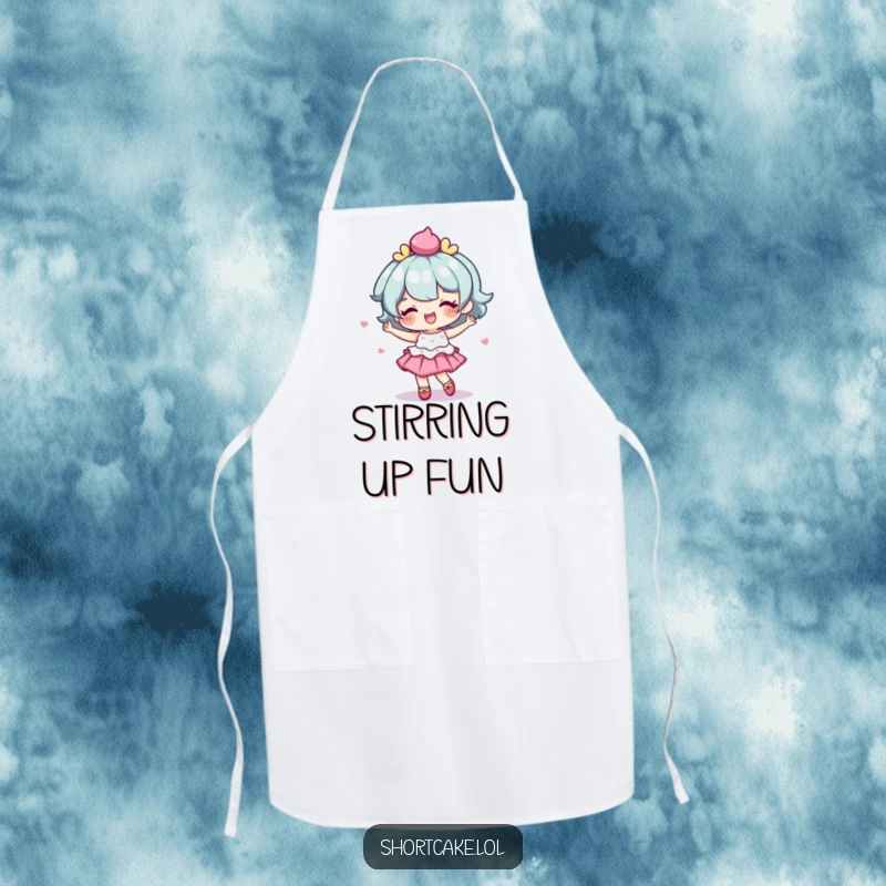 Funny apron depicting a shortcake character doing a delightful, wobbly dance, perfect for kitchen fun.