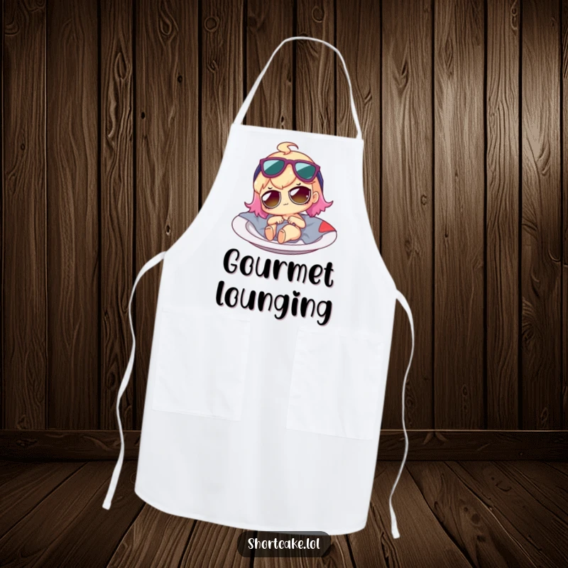 Funny shortcake character wearing tiny sunglasses, lounging on a plate, as a humorous apron for kitchen fun.