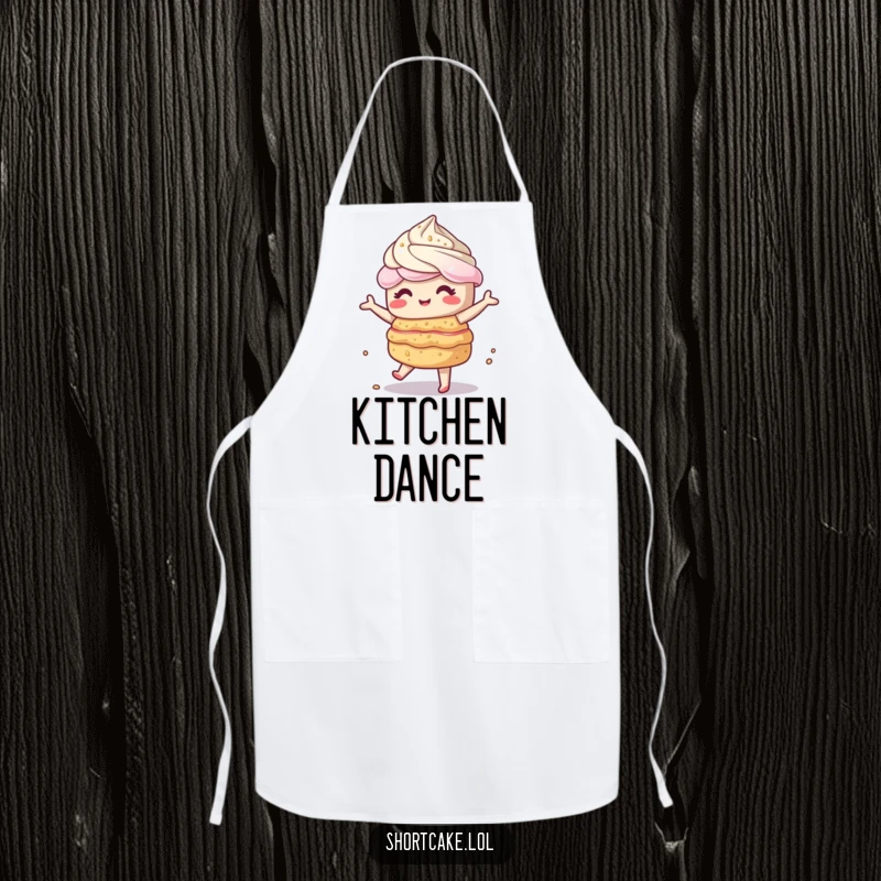 Funny kawaii shortcake doing a wobbly dance, layers shaking, adding humor and personality to kitchen wear. Perfect gift.