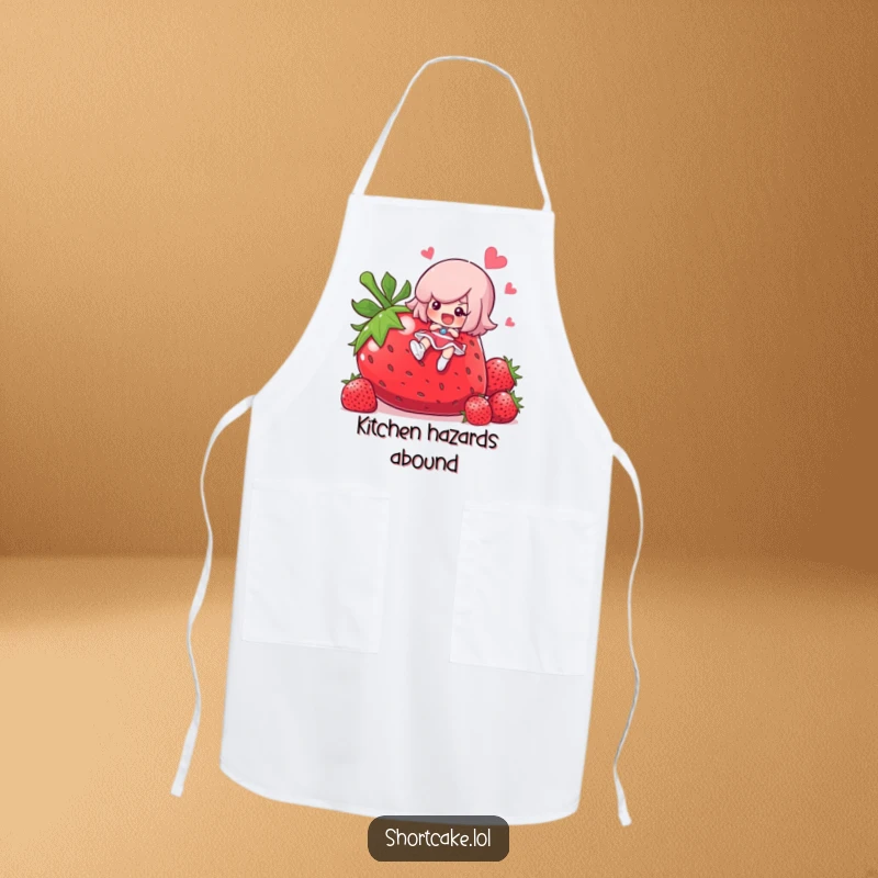 Funny shortcake character slipping on a giant strawberry, cute kitchen accessory, durable and washable apron, a funny gift.