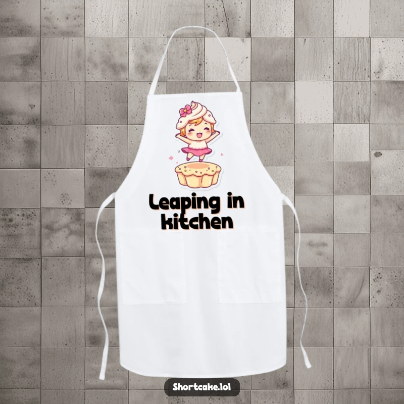 Funny Leaping Shortcake Apron showing a dessert character in a dynamic jump, great for a funny kitchen gift and playful cooking.