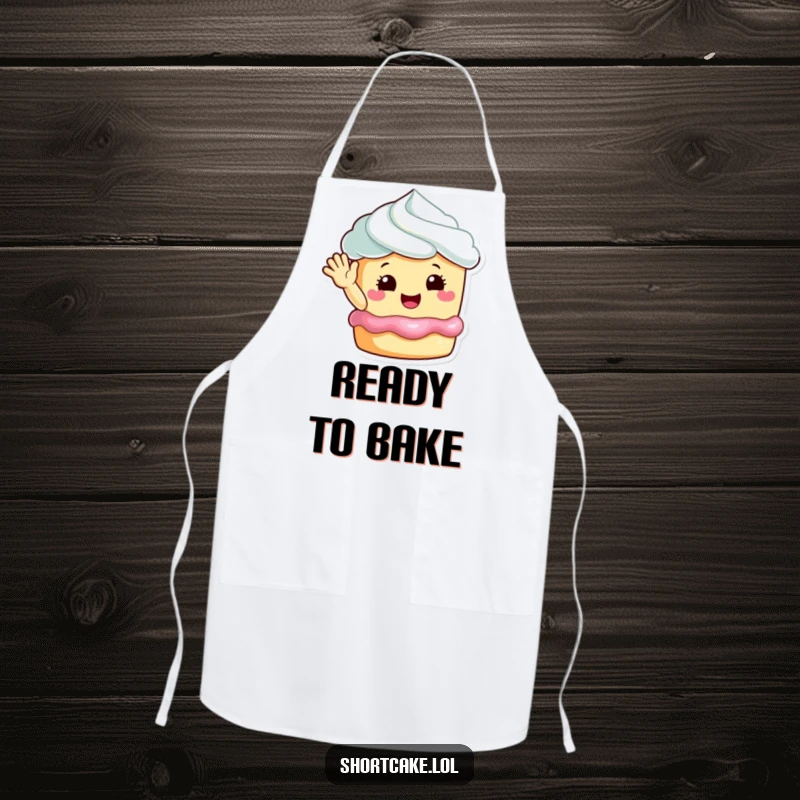 Funny happy shortcake waving apron, a cheerful dessert character ready to bake, bringing sweetness to the kitchen.