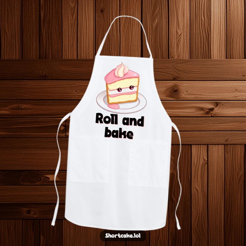 Funny Shortcake Roll Apron. A shortcake slice rolls with delight down a plate edge, adding a humorous touch to kitchen wear.