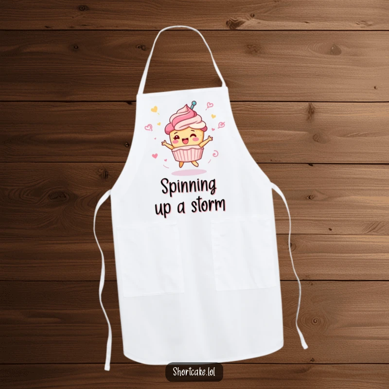 Funny shortcake apron, cute dessert character doing a celebratory spin, frosting swirls, kitchen wear, practical funny gift.
