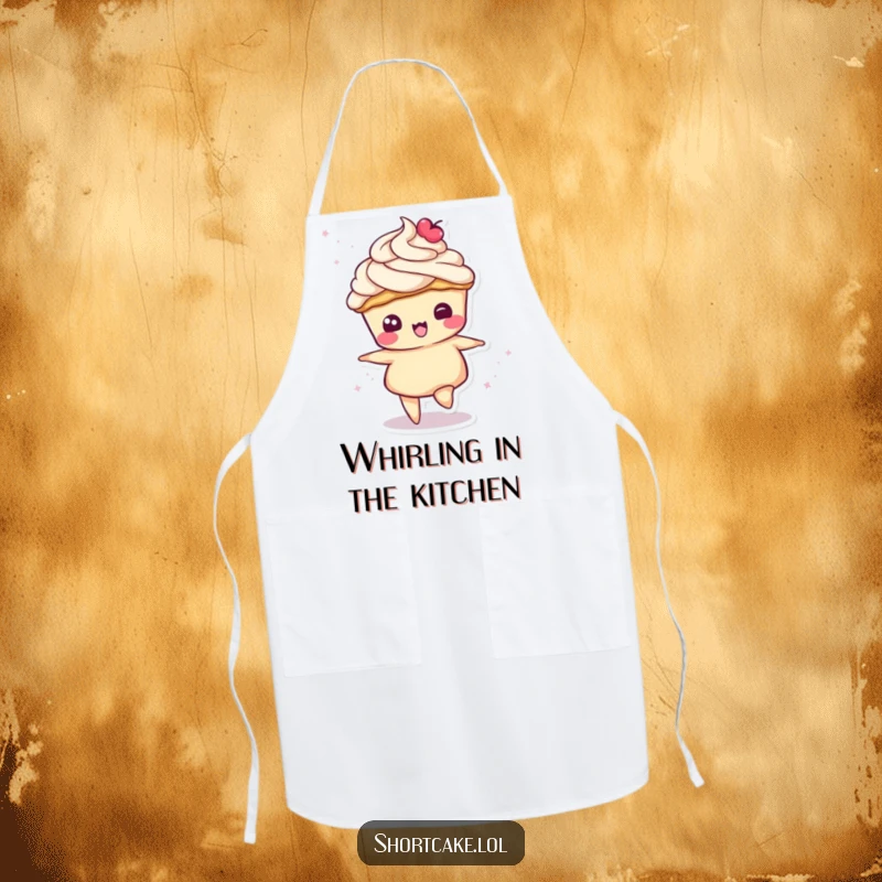 Funny apron featuring a shortcake slice character in a playful spin, its cream topping swirling, ideal for kitchen fun.