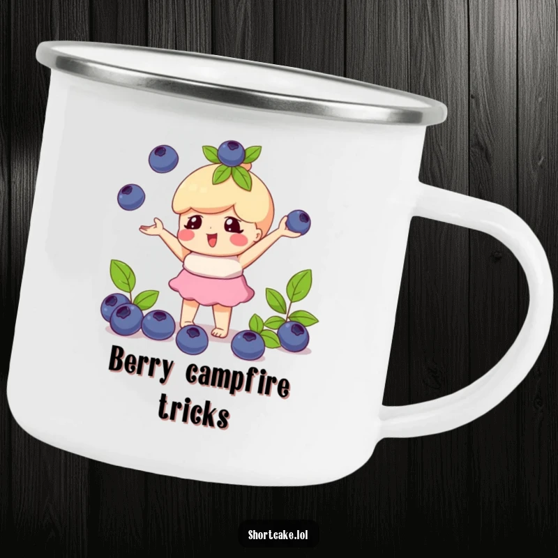 Funny camping mug with a shortcake character playfully juggling blueberries, perfect for outdoor fun and skill.