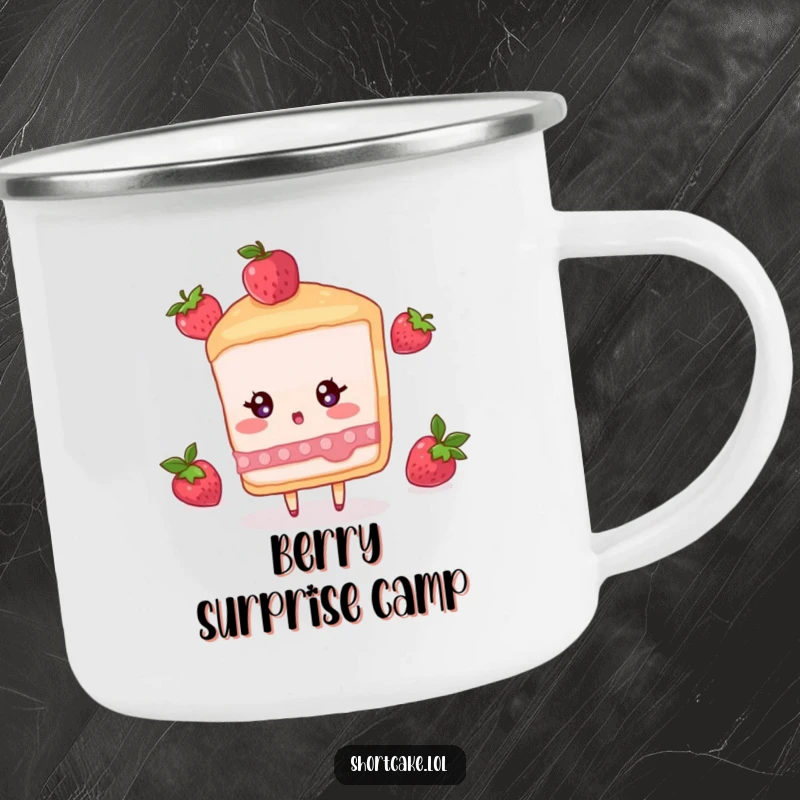 Funny camping mug showing a shortcake slice character with a surprised look as a berry falls, perfect for outdoor sipping.