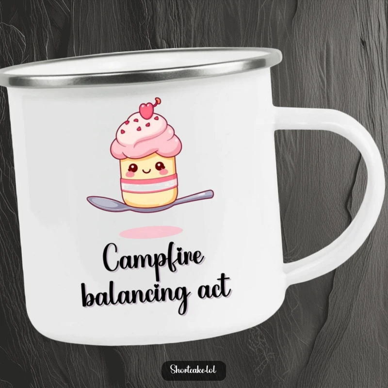 Funny shortcake winking on a spoon camping mug, a dessert character balancing playfully outdoors, ideal for drinks.