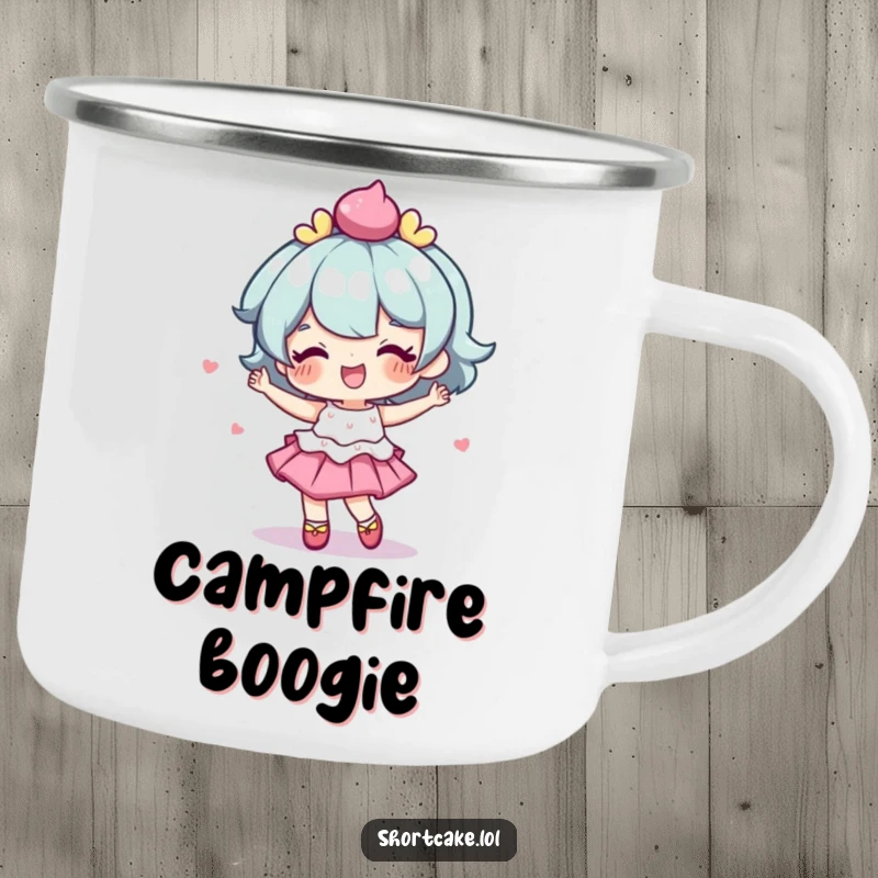 Funny camping mug with a shortcake character doing a delightful, wobbly dance, ready for the outdoors.