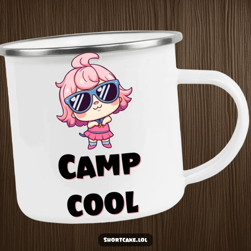 Funny kawaii shortcake wearing oversized sunglasses, striking a goofy pose, perfect for adventurous, cool sips. Great gift.