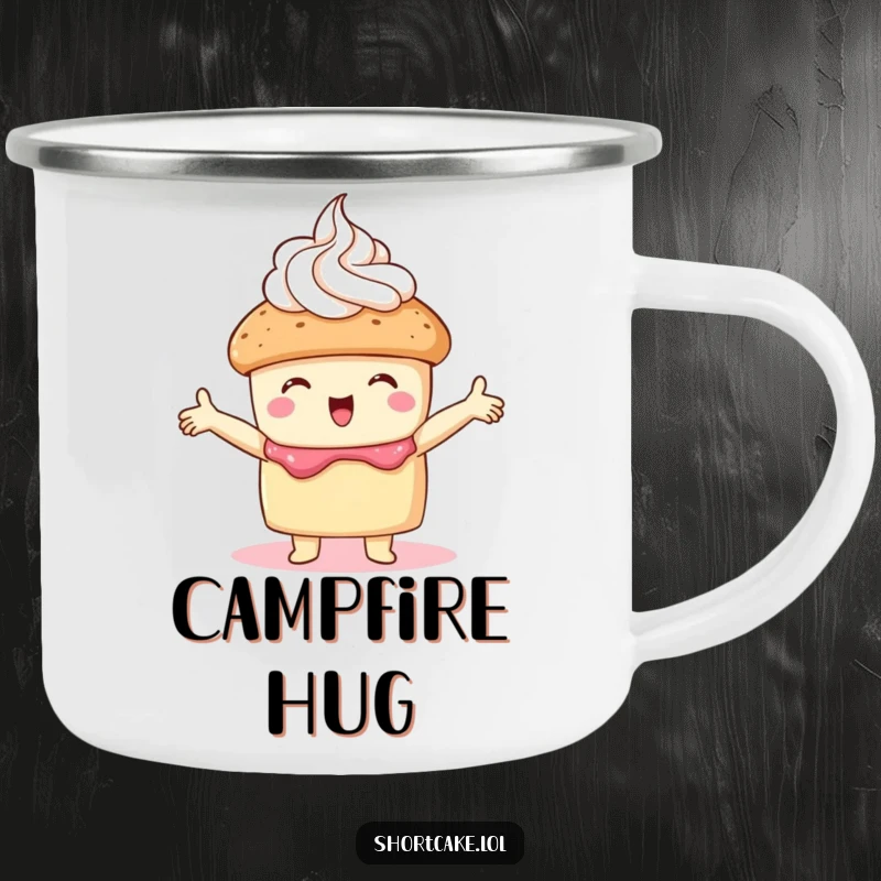Funny shortcake camping mug featuring a shortcake embracing whipped cream, great for outdoor comfort and humor.