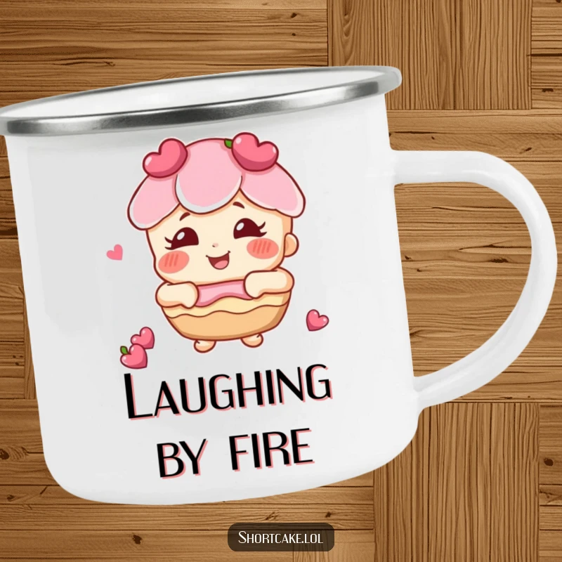 Funny shortcake with rosy cheeks giggling camping mug, a happy dessert character enjoying nature, perfect for outdoor drinks.