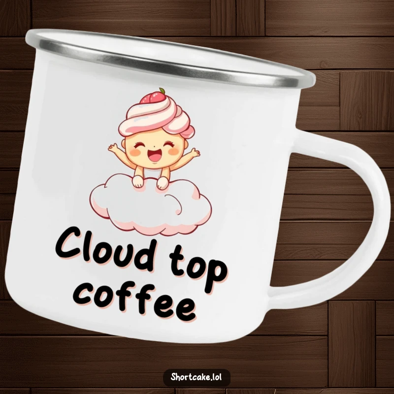 Funny shortcake camping mug featuring a giggling shortcake bouncing on a fluffy cloud, great for outdoor joy and humor.