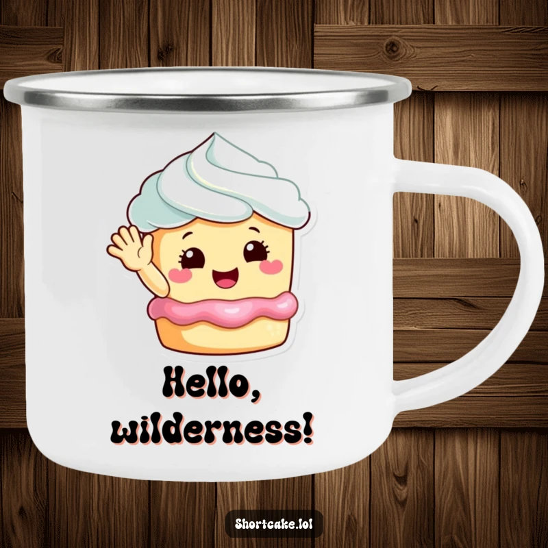 Funny happy shortcake waving camping mug, a cheerful dessert character enjoying nature, perfect for outdoor drinks.