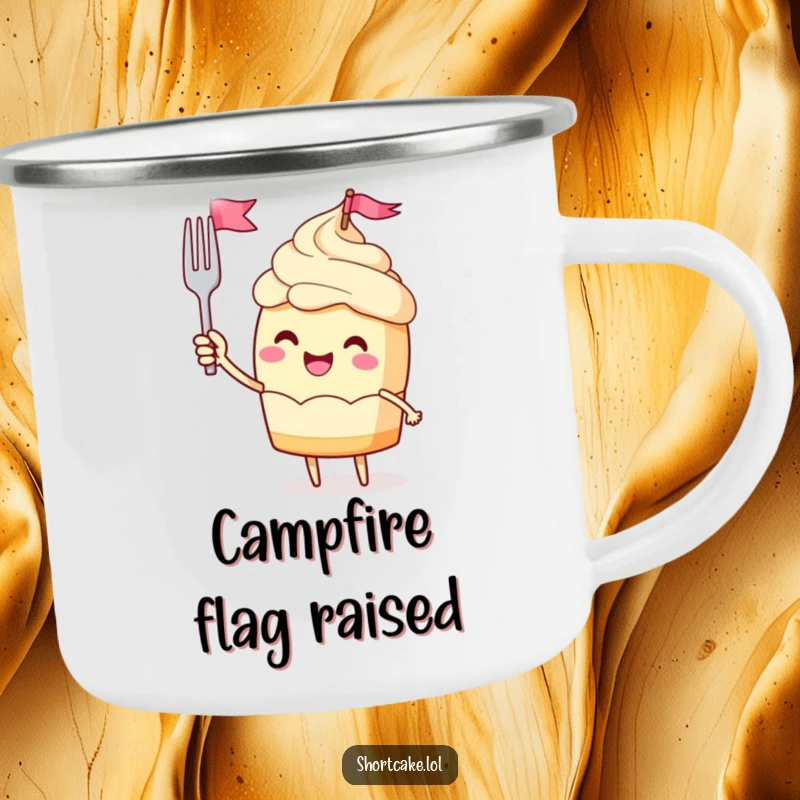 Funny camping mug with a jubilant shortcake character waving a miniature fork flag, perfect for celebrating outdoor adventures.