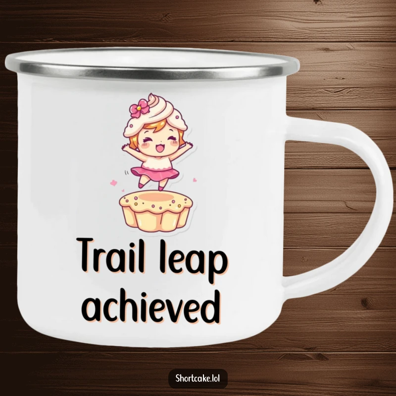 Funny Leaping Shortcake Camping Mug showing a dessert character in a dynamic jump, perfect for outdoor adventures and a funny gift.