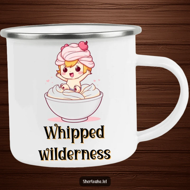 Funny camping mug depicting a cheerful shortcake character taking a fun dive into a bowl of whipped cream.