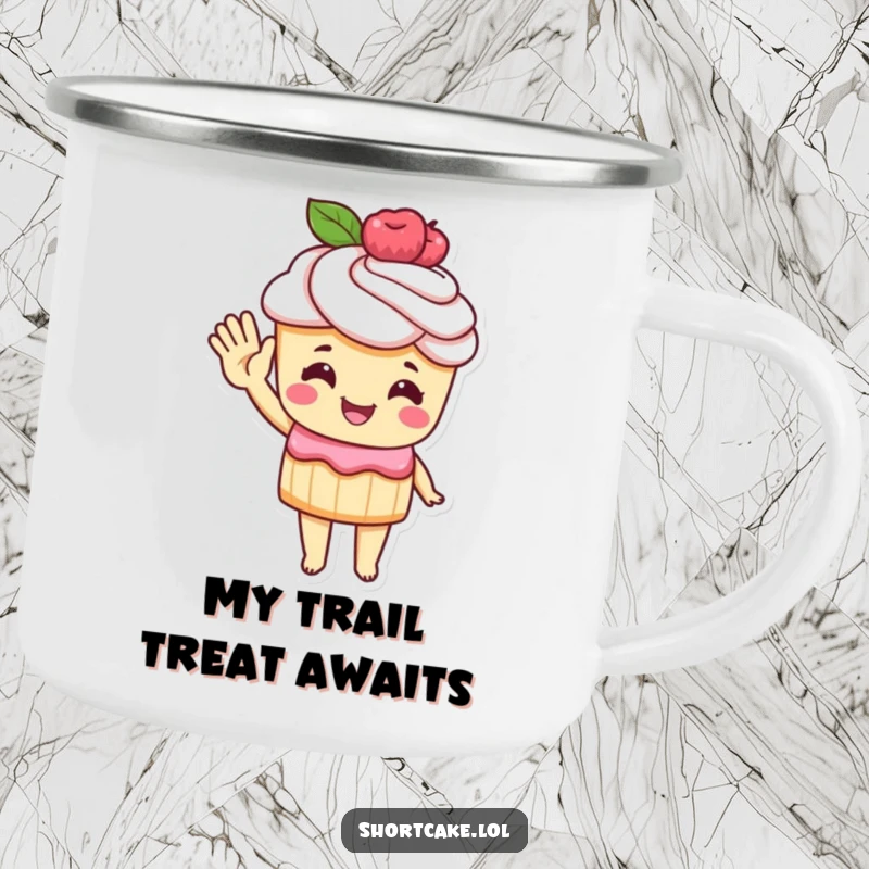 Funny Camping Mug showcasing a shortcake character waving cheerfully with a pastry hand, perfect for enjoying drinks outdoors.