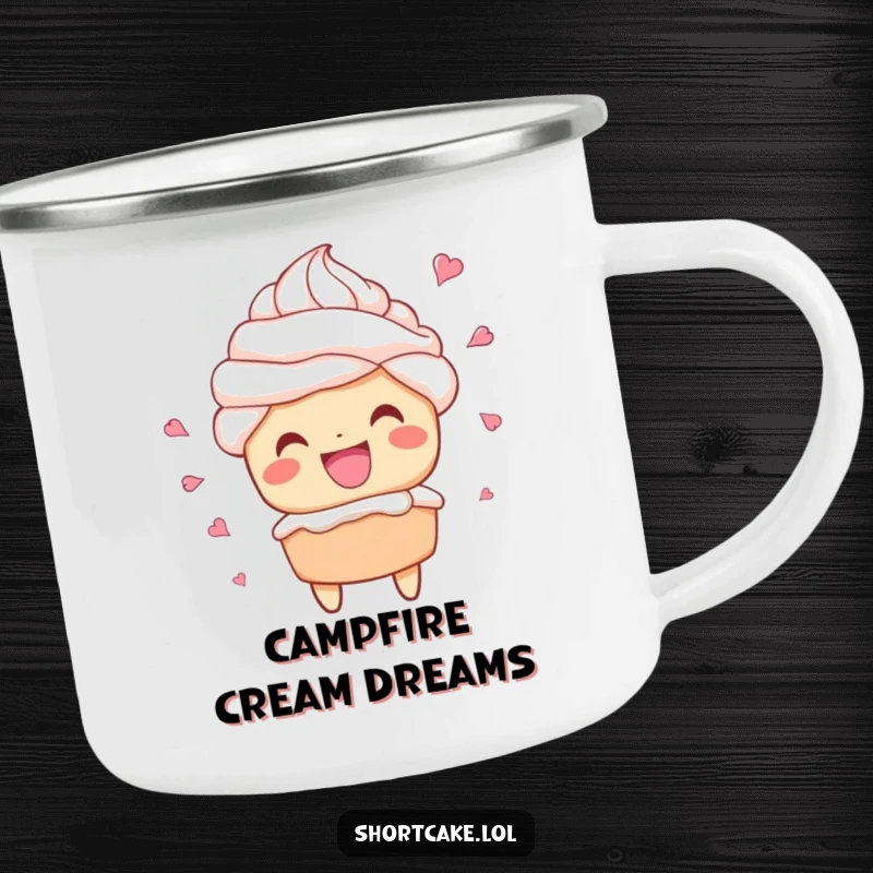 Funny camping mug with a shortcake character grinning widely with whipped cream flying, ready for the outdoors.