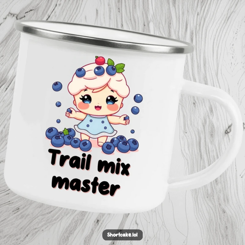 Funny Shortcake Camping Mug: A shortcake character juggling tiny blueberries, perfect for outdoor dessert enjoyment.