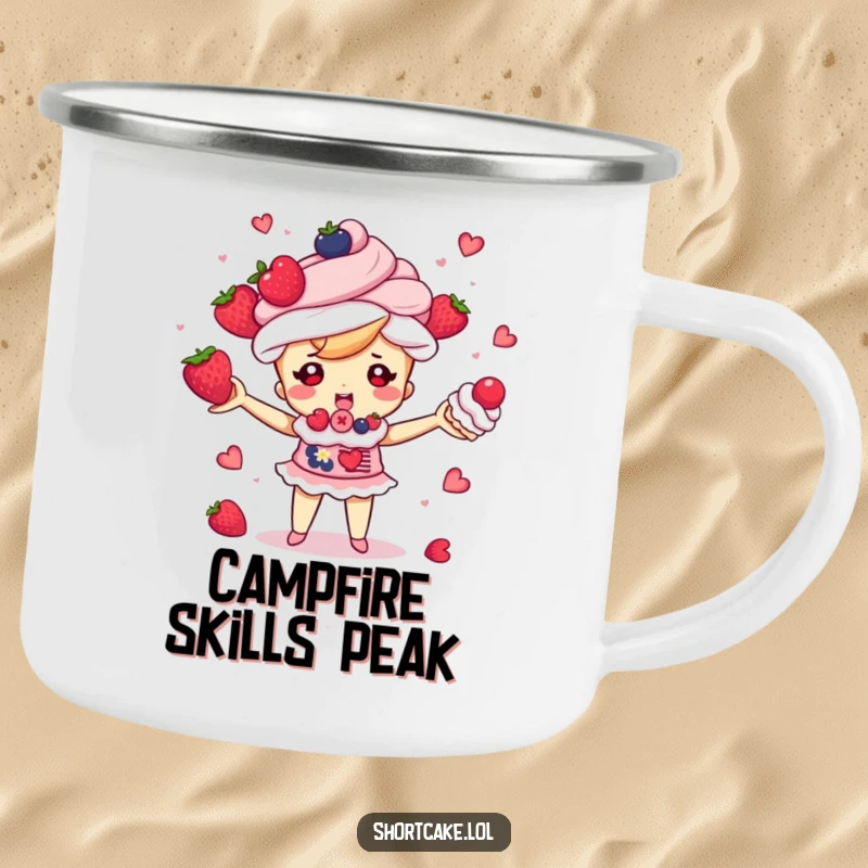 Funny shortcake character juggling berries and cream puffs, durable enamel camping mug, cute dessert illustration, a funny gift.
