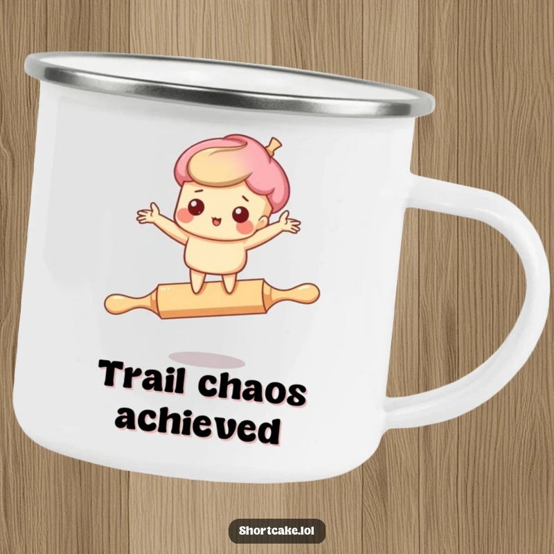 Funny camping mug: A comical shortcake character losing balance on a rolling pin, perfect for outdoor humor.